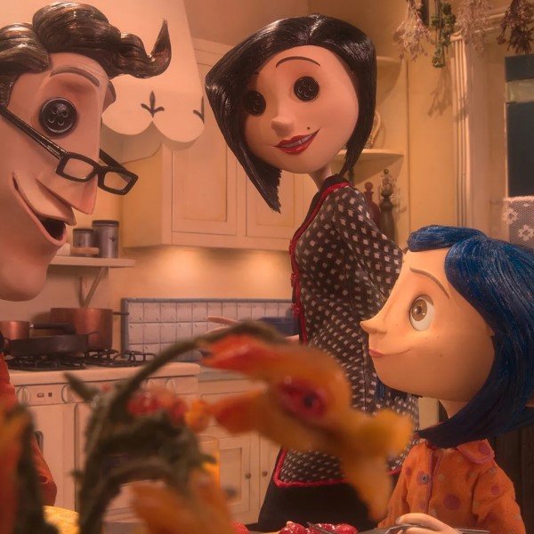 Coraline with her fake creepy parents