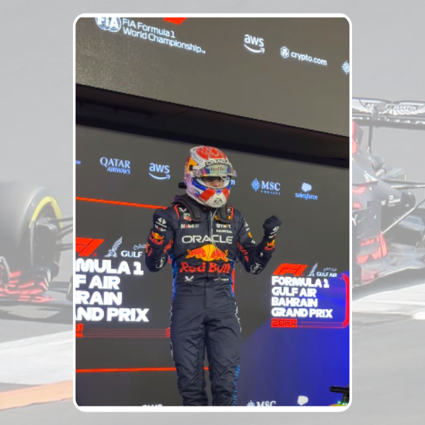Max Verstappen celebrating his victory at the Bahrain Grand Prix with the Red Bull team