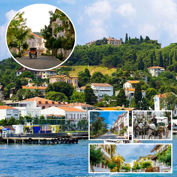 A tranquil view of Adalar's lush landscapes with historic Ottoman architecture in the foreground